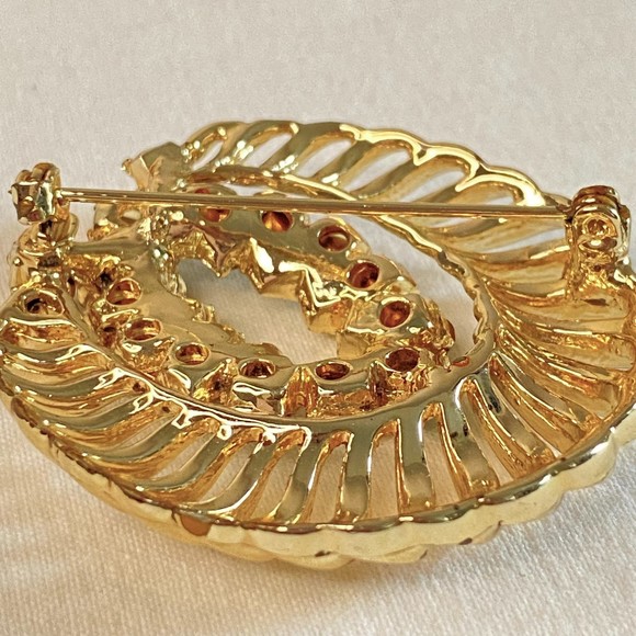 Large Open Work Brooch Aqua Blue Rhinestones Gold Tone Abstract - Picture 5 of 7